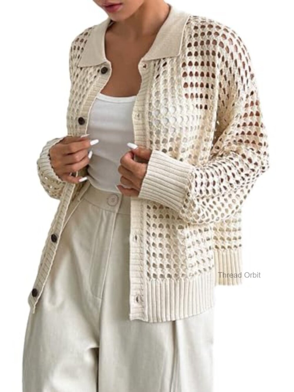 Lightweight Crochet Cardigan Sweater Button Front Loose Fit Long Sleeve - Picture 2 of 7